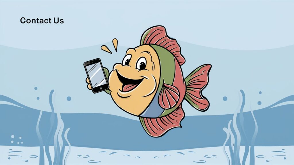 An animated fish carrying a phone in its fins as a representational picture for the contact us page